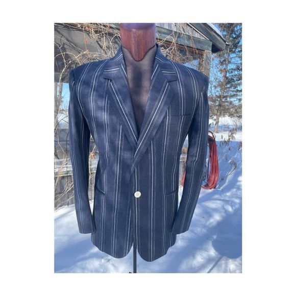 Vintage 90s Roger Laurent L'Homme Chic Chambray Denim Striped Blazer Sportcoat - Picture 4 of 11